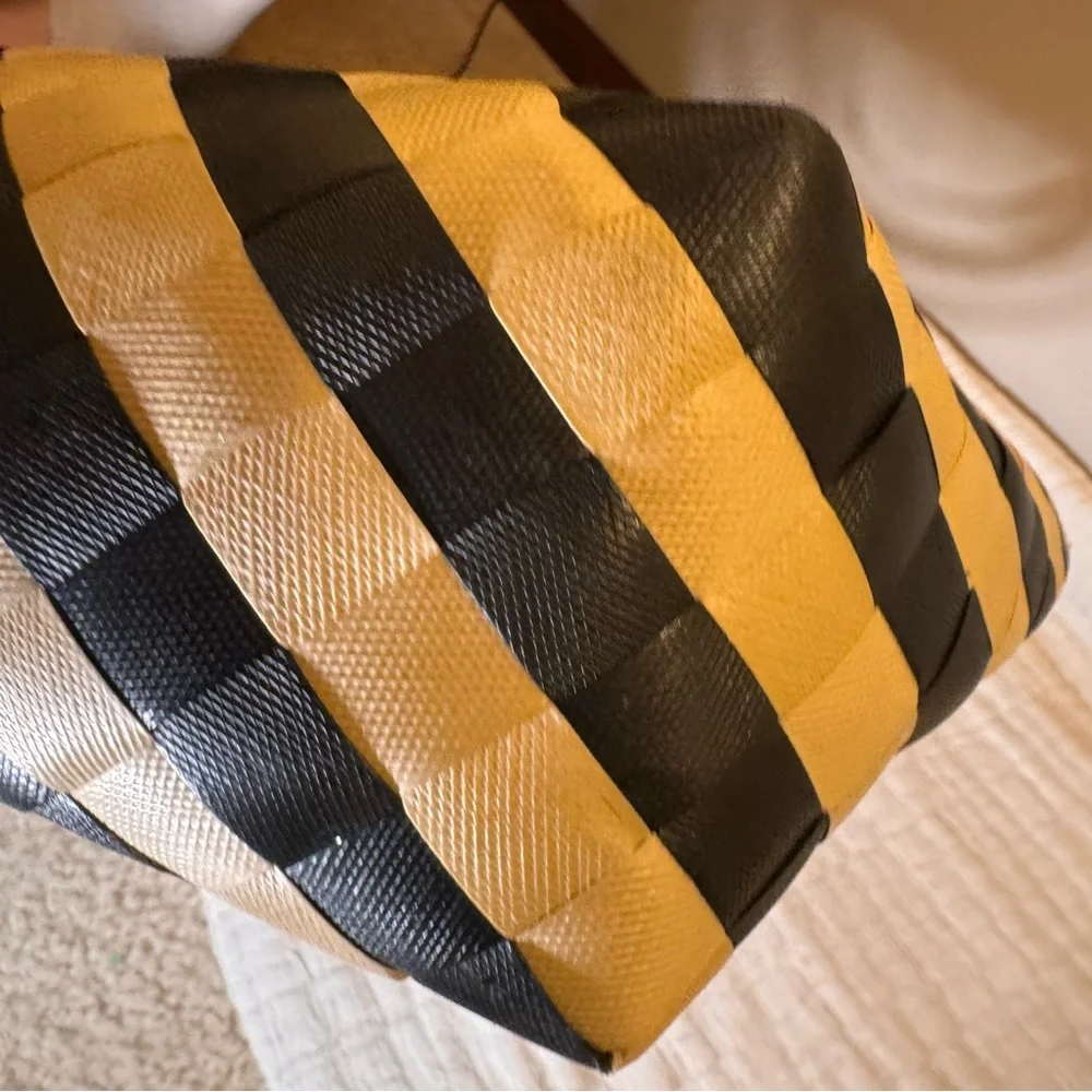 Black‎ & Cream Woven Tote Bag Chic Summer Vacation Market Beach Basket Purse